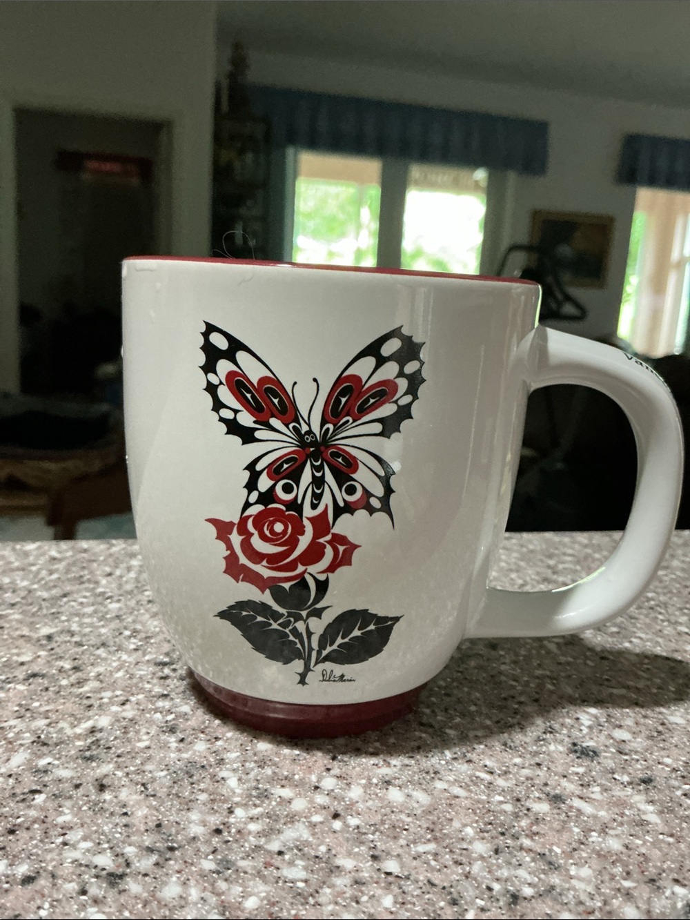 White Ceramic Mug, Artist’s Butterfly and Rose